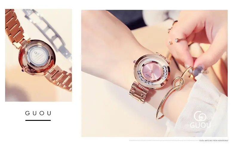 GUOU Для женщин часы Роскошные дамы смотреть богатых розовое золото горный хрусталь браслет часы для Для женщин montre femme saat