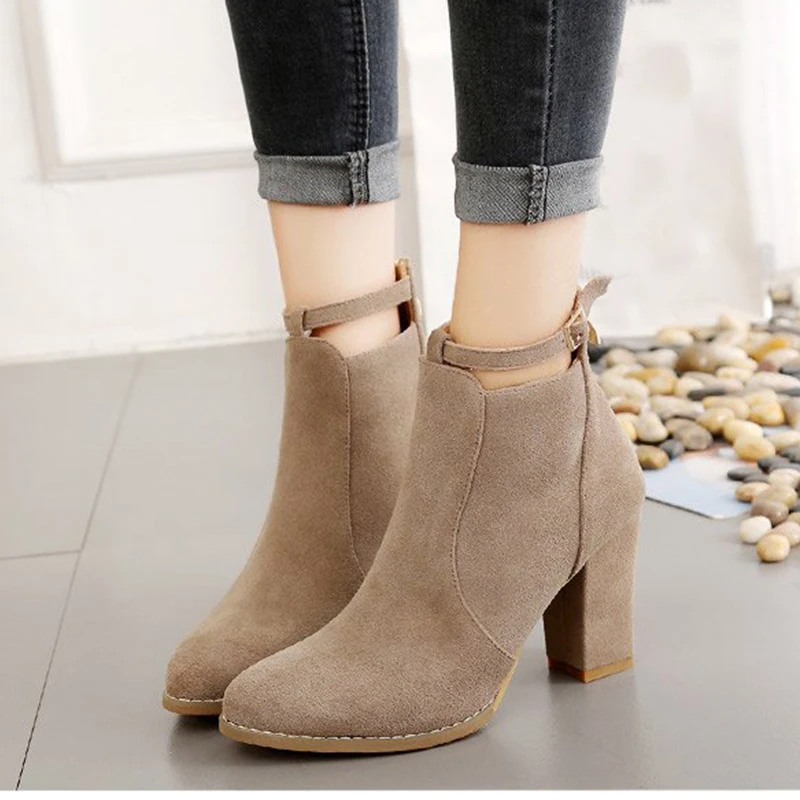 

New Fashion Spring Autumn Women Ankle Boots Pointed Toe Buckle Decor Female Shoes 8.5CM Square Heels Party Wedding Boots Women