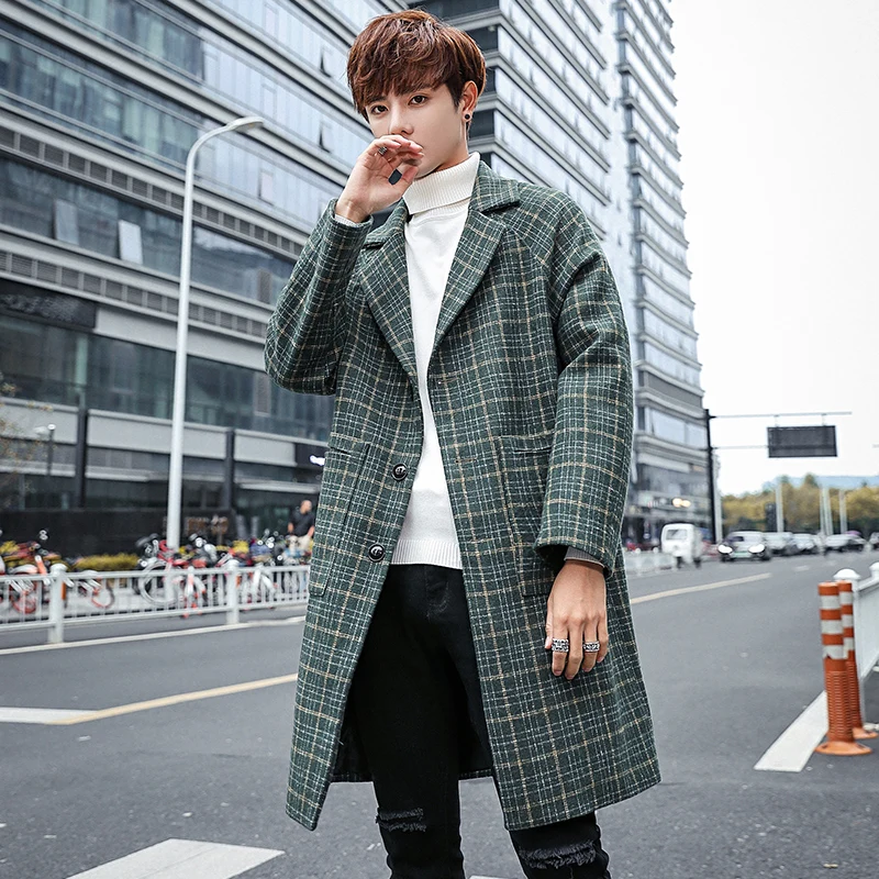 Long Overcoat Mens Korean Fashion Clothing Green Plaid Long Trench Coats Mens Long Jackets Loose