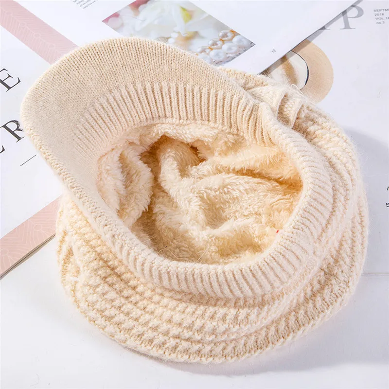 USPOP New winter caps women knit octagonal hat thick warm velvet lining knit hats solid color newsboy caps berets mom caps