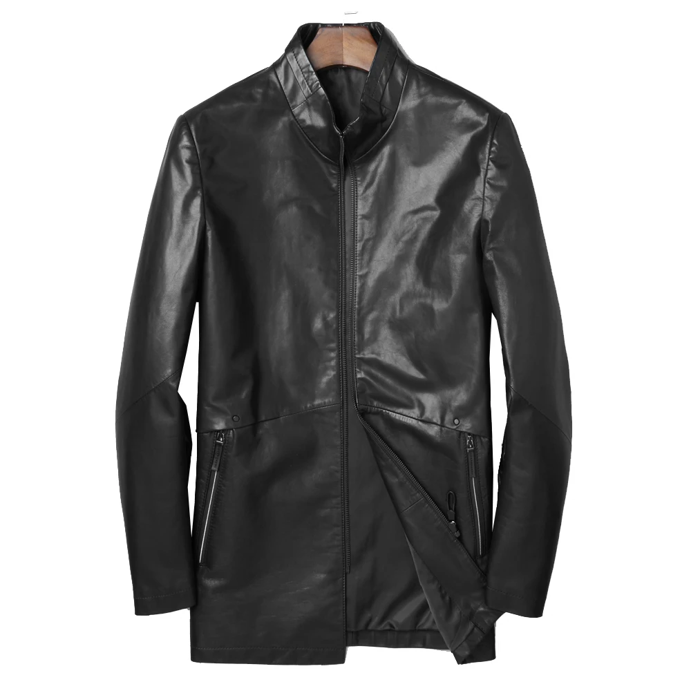 Good quality natural goat leather men coat formal stand collar real