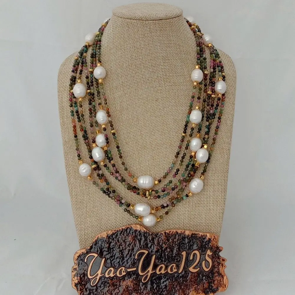 

Women's 19" 7 Strands Natural Mixed Color Faceted Tourmaline White Rice Pearl Necklace