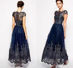 Темно-синие платья для матери невесты 2018 с рукавами-крылышками трапециевидной формы длиной до лодыжки, кружевное свадебное платье для