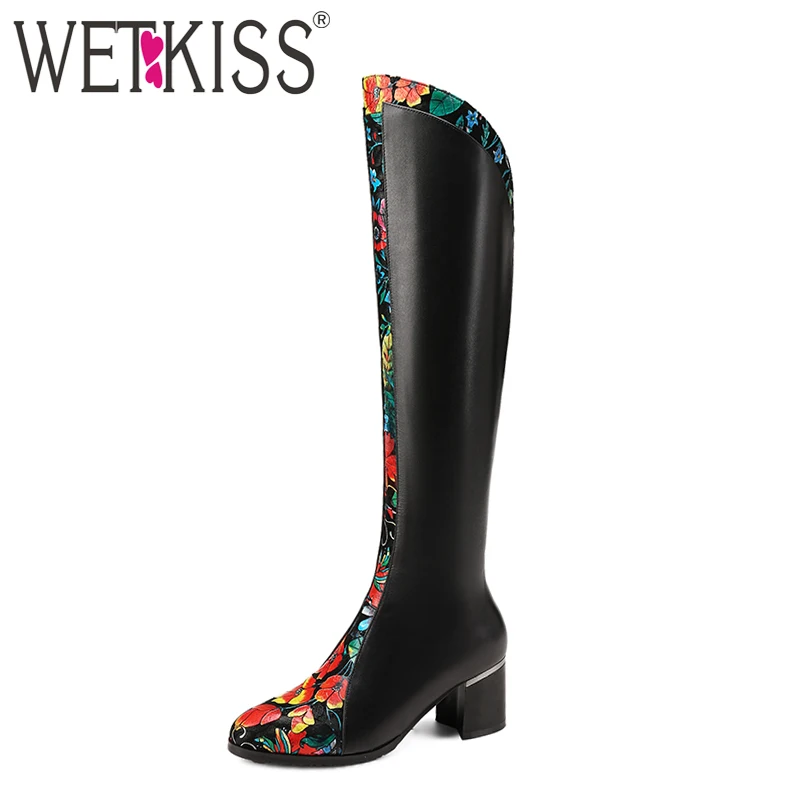

WETKISS New Style Floral Prints Ladies Knee High Boots Genuine Leather Winter Boots Thigh Zipper Ethnic Thick Heels Female Boots