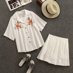 2019 летнее Новое поступление, женская рубашка и плиссированная юбка с цветочным узором, короткое платье с высокой талией в сдержанном стиле