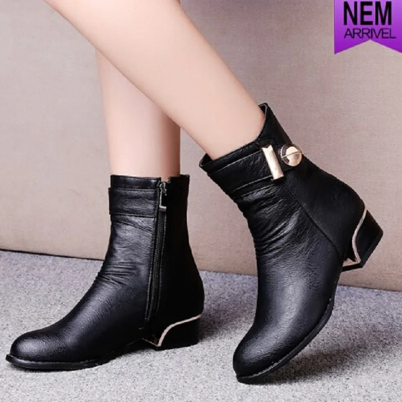 

New 2015 Autumn Winter Fashion Elegant Thick Heel Women Boots Round Toe Zipper Motorcycle Boots For Women Plus Size Shoes Woman