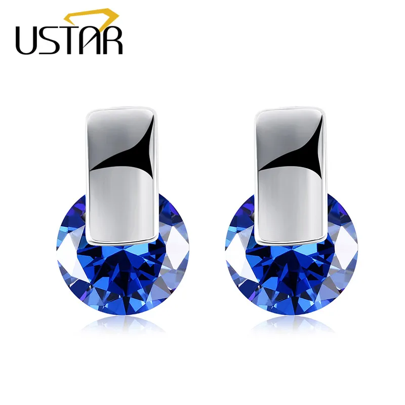 

USTAR 8mm Blue Zircon Crystal Stud Earring for Women Silver color 2017 Fashion Jewelry Earrings female Ear brincos top quality