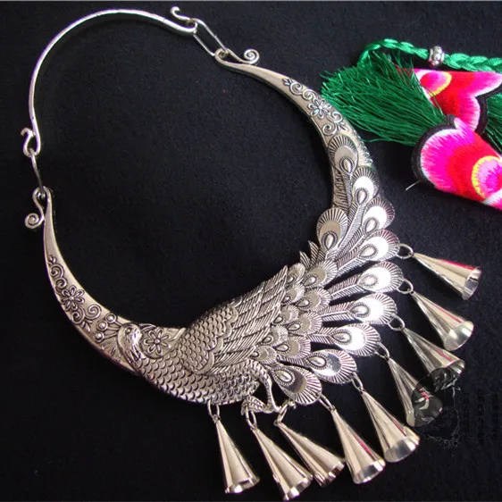

Miao silver jewelry necklace peacock folk style Miao Silver Necklace