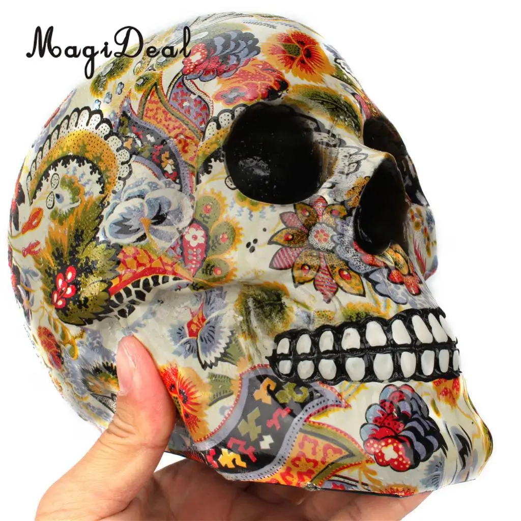 Resin Skull Model Ornament Home Decoration Flower Pattern Water Transfer Printing Souvenir for Halloween and Christmas