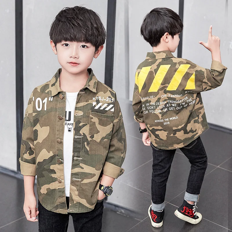 

Kids Camouflage Jacket Turn-down Collar Striped Letter Printed Camo Autumn Coats Teenager Boys Streetwear Boys Green Clothing