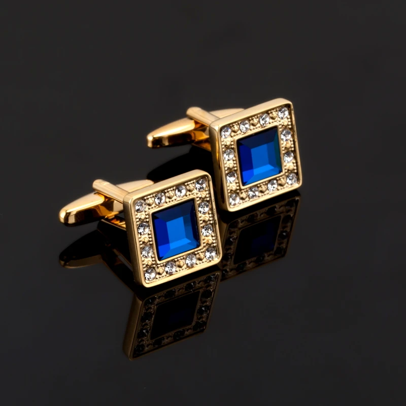 

Luxury Jewelry Square Blue crystal Cufflink for Mens French Shirt Brand Cuff botton Wedding High Quality gold Cufflinks