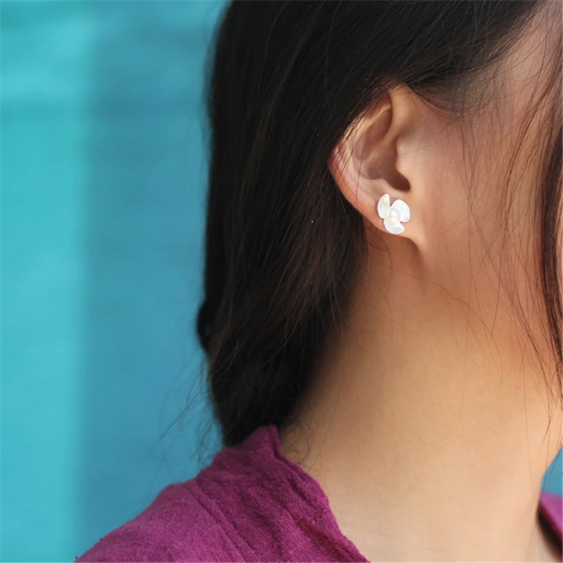 Lotus Fun 100% Real 925 Sterling Silver Earrings for Women Freshwater Pearl Flower Stud Earring silver 925 earing for girl