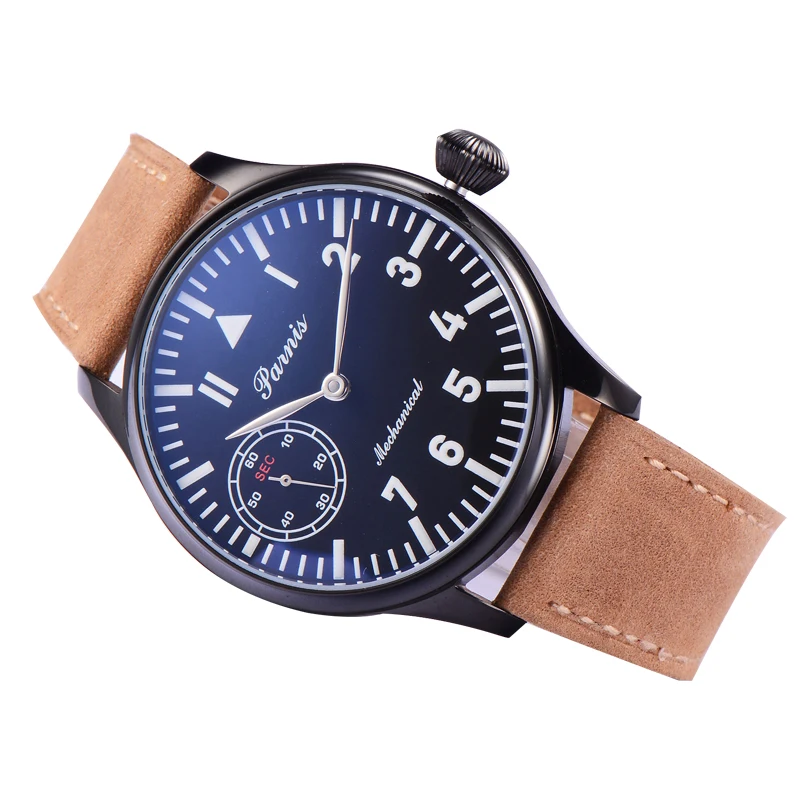 Parnis-Mechanical-Watch-Men-Hand-Winding-Black-Case-Leather-Power-Reserve-Pilot-Military-Clock-Wrist-Watch (1)