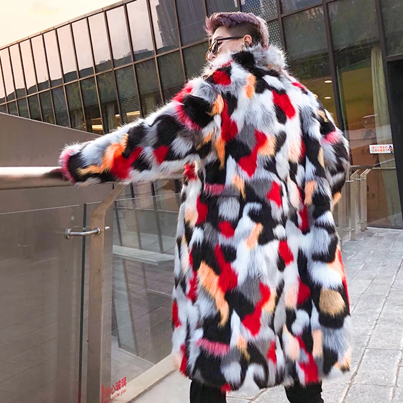 AELFRIC Fur Jacket Men Tie Dye Patchwork Winter Streetwear Long Style Jackets Hip Hop Outwear Harajuku Thick Warm Overcoat KJ168