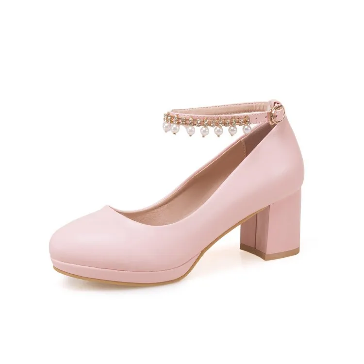 18 years spring light mouth thick with high fashion beaded word buckle with round head size 43 yards 30-18129 single shoes