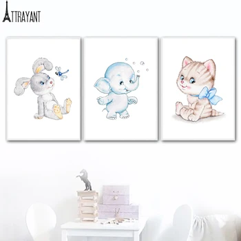 

Cartoon Elephant Cat Rabbit Animal Print Nursery Wall Art Canvas Painting Nordic Posters And Prints Wall Pictures Baby Kids Room