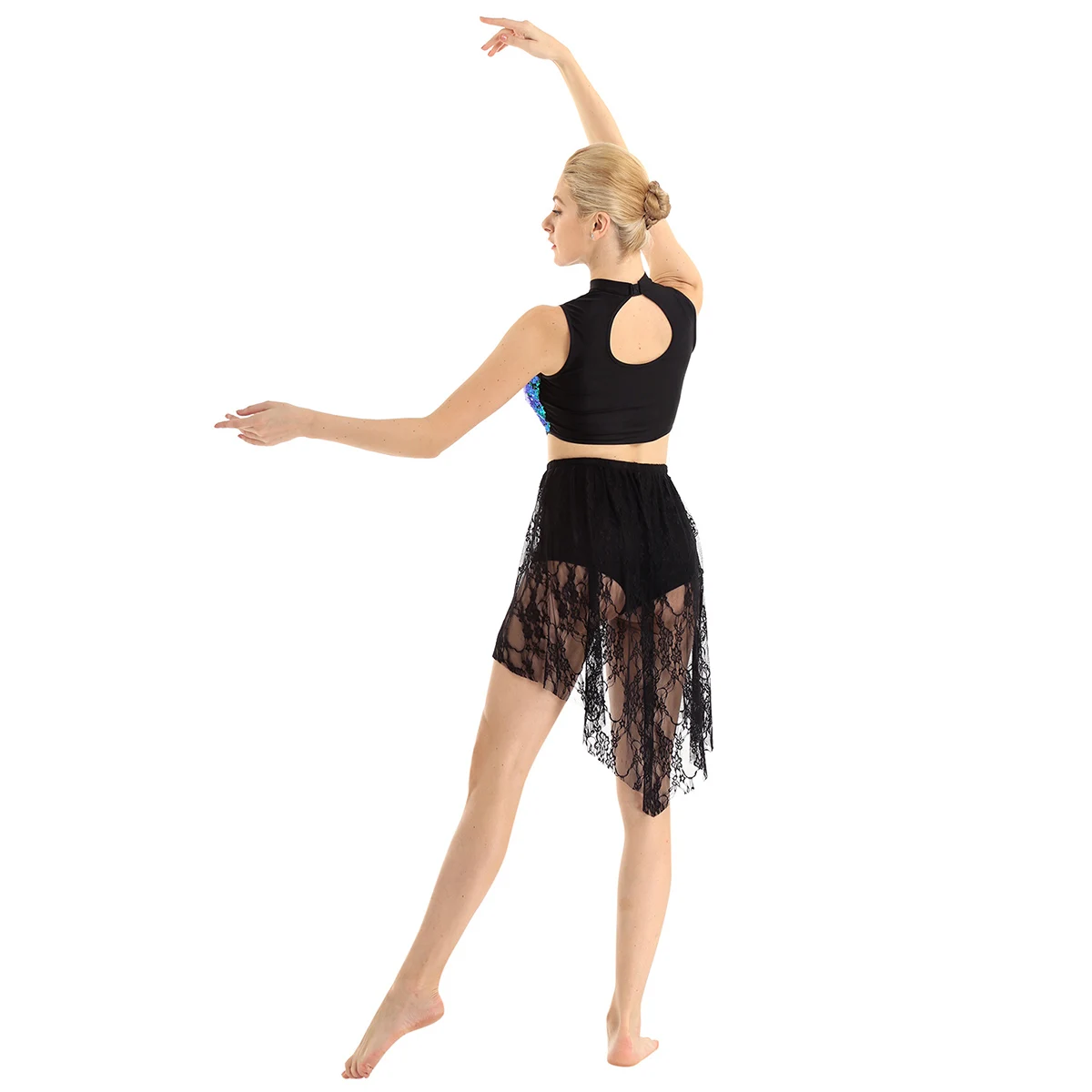 Блестящий Лирический танцевальный костюм балетное платье лиф без рукавов Асимметричный кружевной высокий-низкий балетный современный костюм