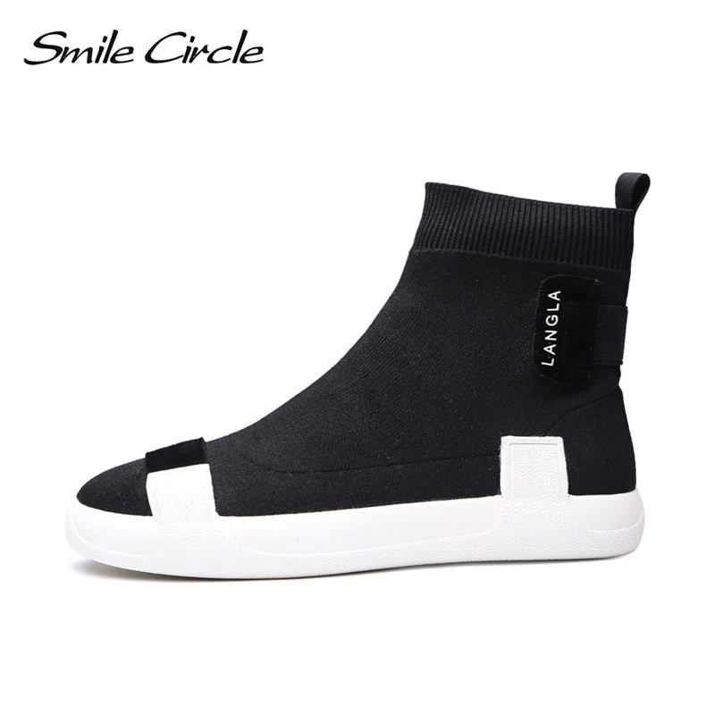 

Smile Circle knit slip-on Sneaker women High-top sock sneaker Lightweight Breathable Casual Shoes women sock boots Autumn 2018