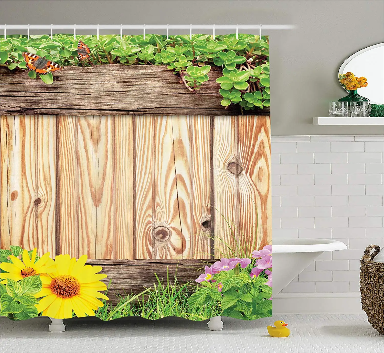 Wooden Shower Curtain Planks Fence Garden Yard Summer Spring Daisy Flowers Butterfly Grass Rustic Print Fabric Bathroom Decor | Дом и сад