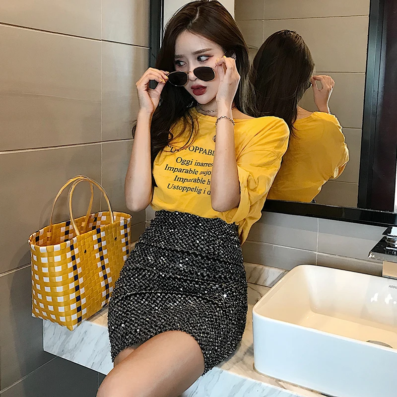 Ulzzang Корейская Повседневная Женская юбка с пайетками на бедрах летняя новая Harajuku ретро юбка с высокой талией одежда для школьниц