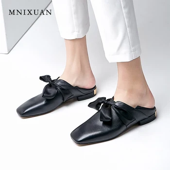 

MNIXUAN Classics solid women flat shoes casual oxfords shoe butterfly-knot 2019 new cowhide square toe office shoe plus size 43