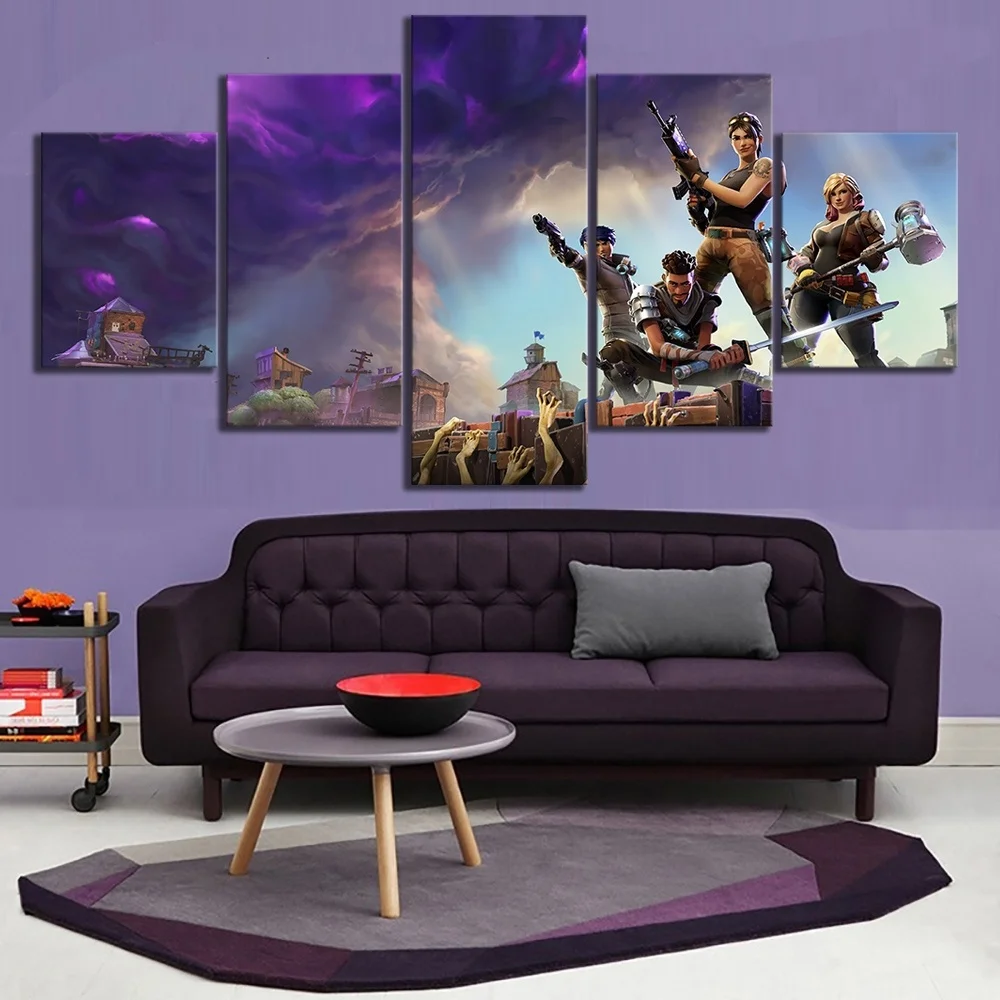 

5 Piece Game Poster Fortnight Battle Royale Characters Zombies Fort Cartoon Pictures Nite Wall Painting for Living Room Decor-1