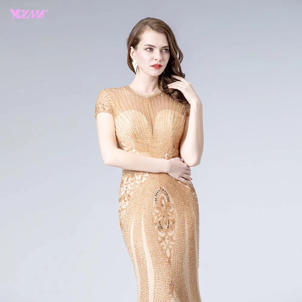 YQLNNE Великолепные Золотые кристаллы вечернее платье длинное вечернее бальное платье в виде Русалки Формальные платья