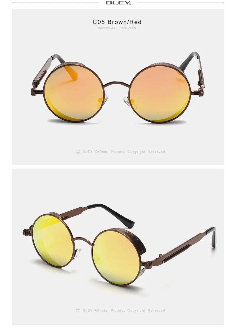 OLEY, брендовые металлические круглые стимпанк Солнцезащитные очки для мужчин и женщин, модные цветные очки в стиле панк, солнцезащитные очки для вождения, антибликовые очки, UV400 Y261
