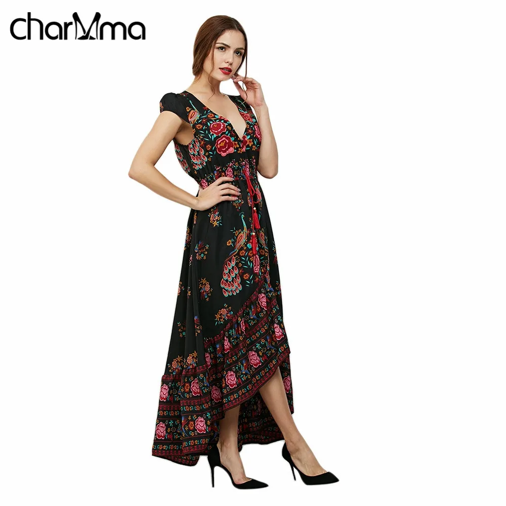 CHARMMA 2017 Spring Summer New Women Vintage Floral Print A Line Dress Sexy V Neck Short