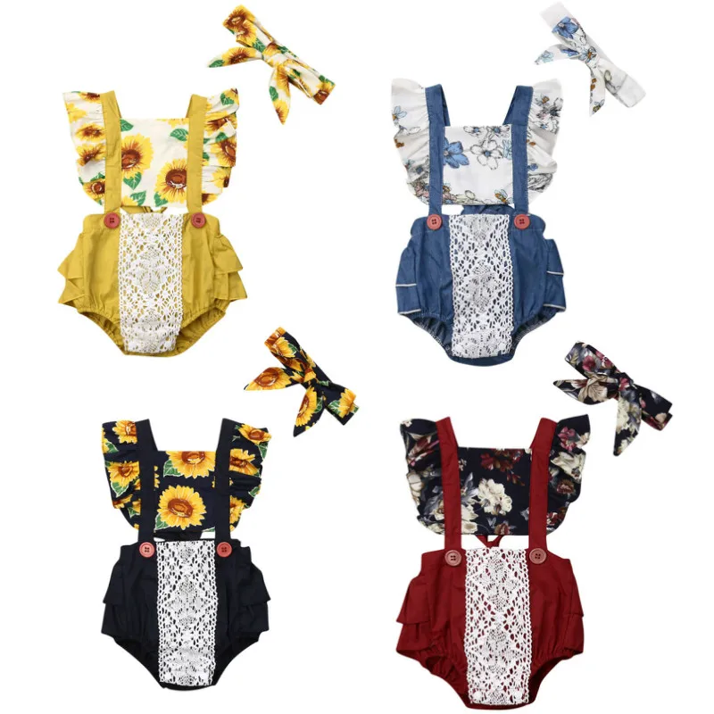 

2019 Newborn Infant Baby Girls Sunflower Ruffle Lace Romper Kids Toddler Girl Clothing 2Pcs Outfit Sunsuit
