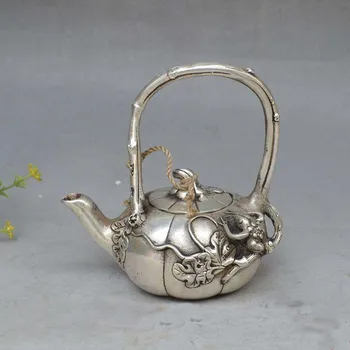 

4.7"Chinese Silver Animal Frog Melon Auspicious Statue Wine Tea Pot Flagon