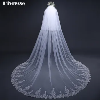

2 T Bridal Long Lace Edge Cathedral Wedding Veil With Comb 3 M Accessories Ivory Voile Mariage Mantilla Velos De Novia