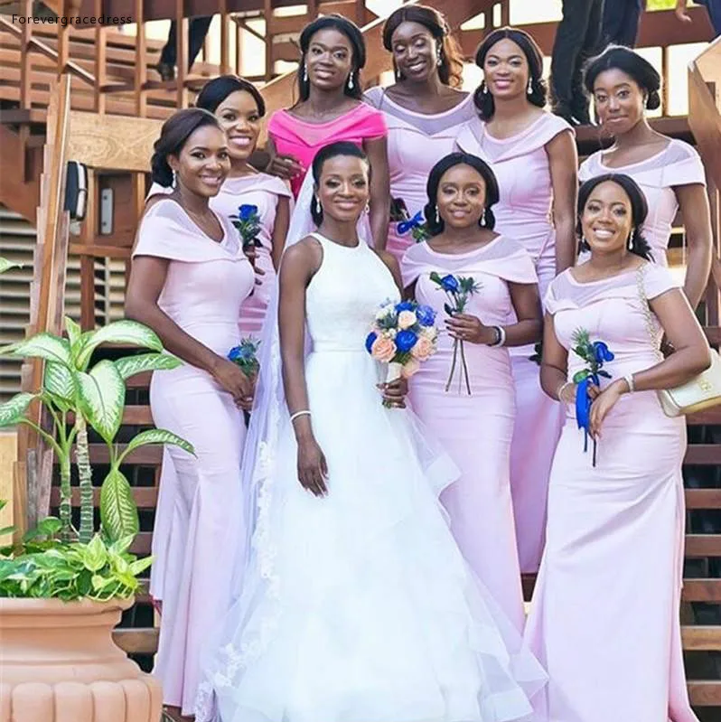 ASO EBI South African Pink Mermaid Bridesmaids Dresses Elegant Sheer Scoop Neck Cap Sleeve Pleats Long Wedding Guest Evening Pro Wears  95 (2)