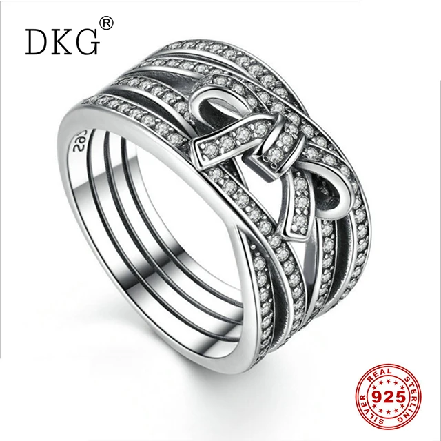 

2019New Authentic 100% 925 Sterling Silver Multi-layer Interweave Bowknot with Clear CZ Finger Rings Fit Women Bead Jewelry