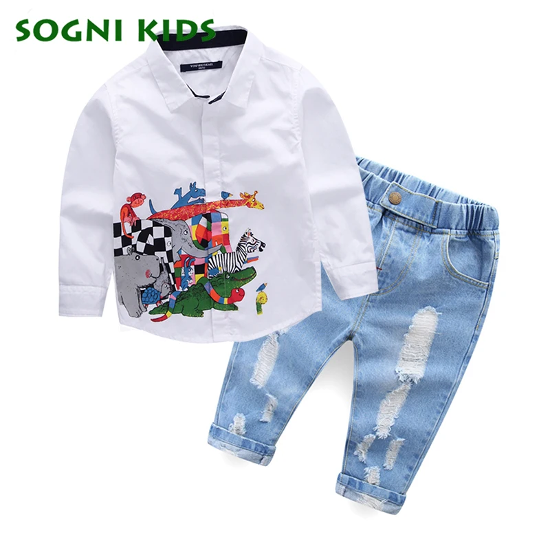 Комплект детской одежды для мальчиков, белая футболка с животным принтом+ джинсы, костюм для мальчиков, детский брендовый Костюм Джентльмена, вечерние костюмы с рубашкой