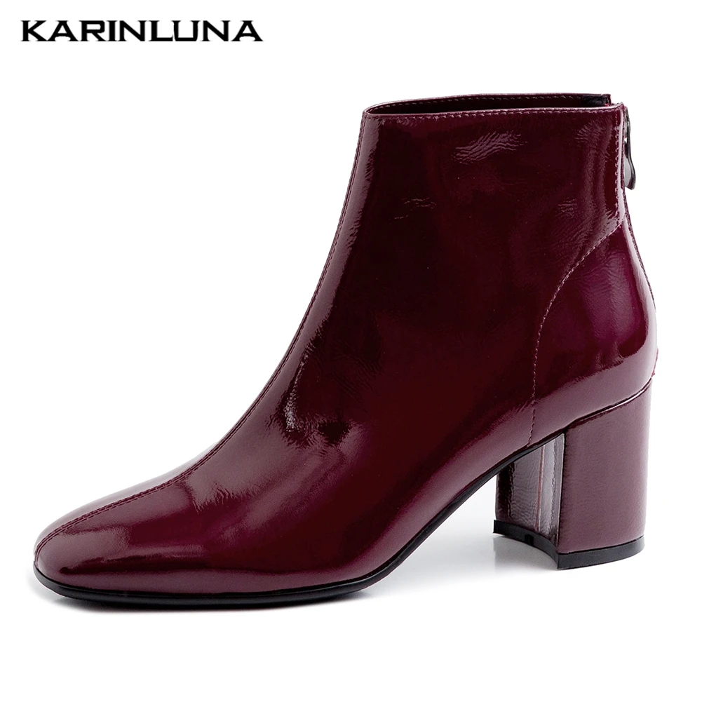 

Brand Design Patent Leather Cow Leather Chunky High Heels Ankle Boots Woman Shoes Zipper INS Hot Boots Women Shoes Woman