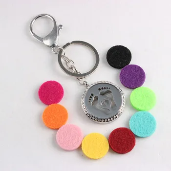 

Round Feet Pattern Screw Stainless Steel Perfume Locket Keychains Essential Oils Diffuser Locket Keychains With Crystal 5PCS