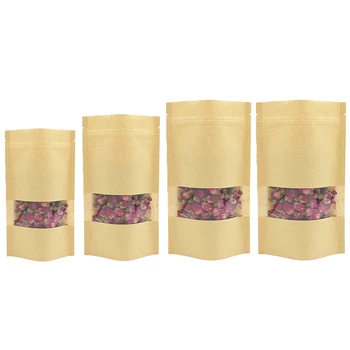 

60pcs/set Stand Up Kraft Paper Bag Zip Lock Sealing with Transparent Window Gift Bag Packages Reusable Food Paper Bag