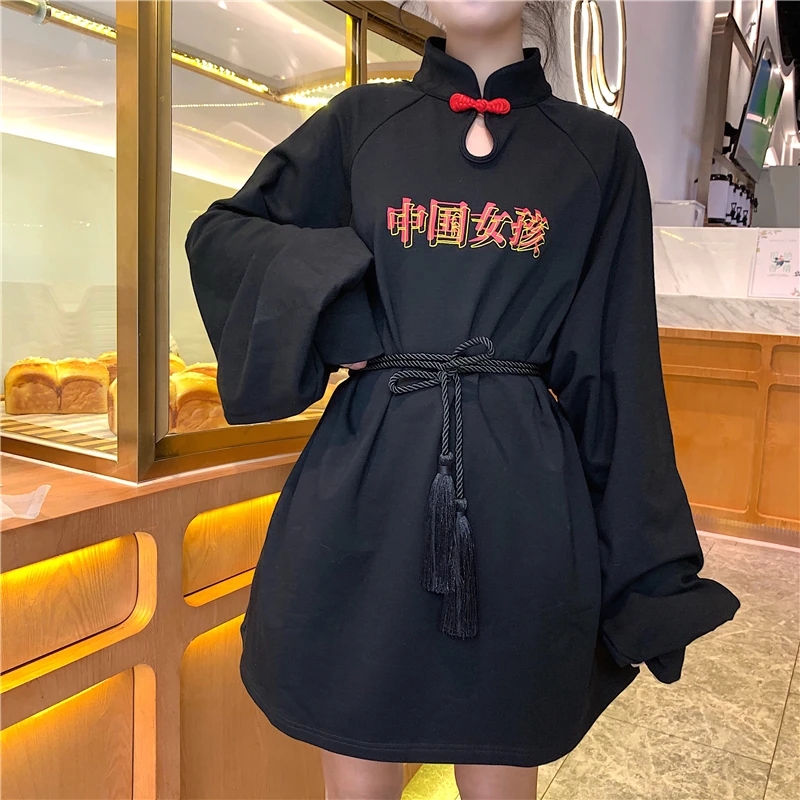 

Cheongsam Embroidery Button Vintage Chinese Letter Print Loose Oversized Dress Long Sleeve Autumn Korean Sweatdress Pullover Top