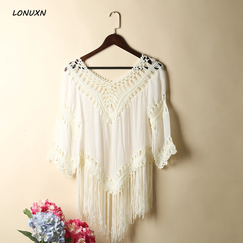 

High quality sexy hollow handkerchief bikini blouse female seven sleeve cotton knit tassel shirt halter beach sunscreen