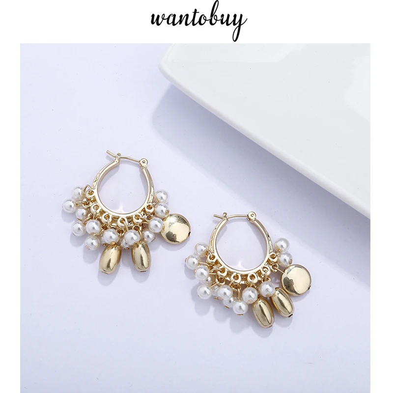 

Wantobuy Fashion Noble Imitation Pearls Dangle Earrings Copper Gold Geometric Elegant Earrings for Women Wedding Party Jewelry