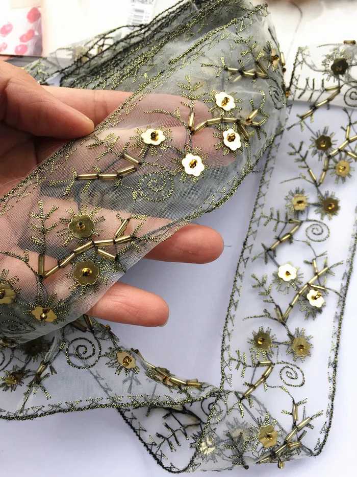 5cm*2m green Rhinestone Beaded lace trim clothing decorative