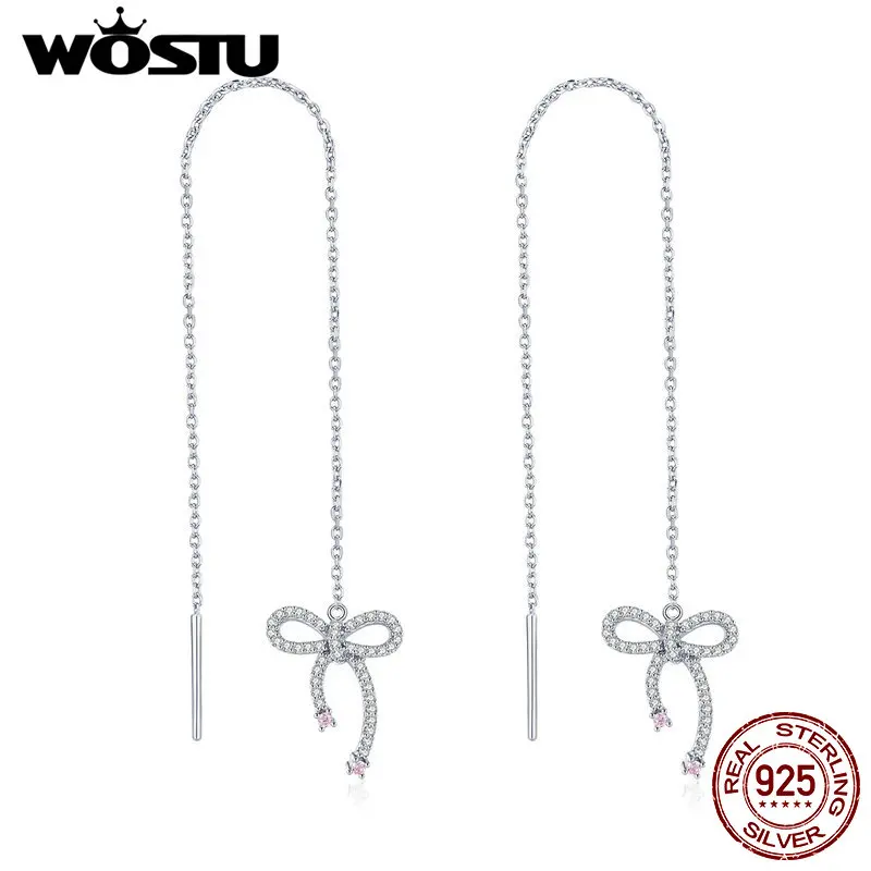 WOSTU, классические, 925 пробы, серебряные, с бантом, длинная линия, серьги для женщин, серьги-кольца с цирконом, свадебный подарок для влюбленных, ювелирные изделия FNE047