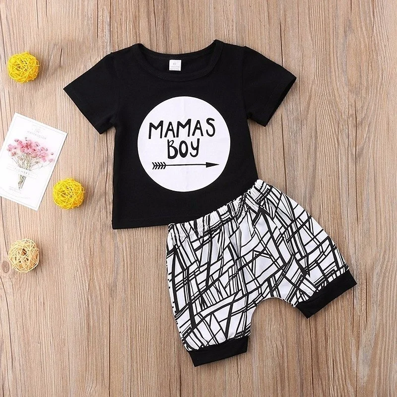 

Baby Boys Outfit Mamas Boy Pint Short Sleeve T-Shirt+Striped Leggings Pants Clothes Sweatsuit Set