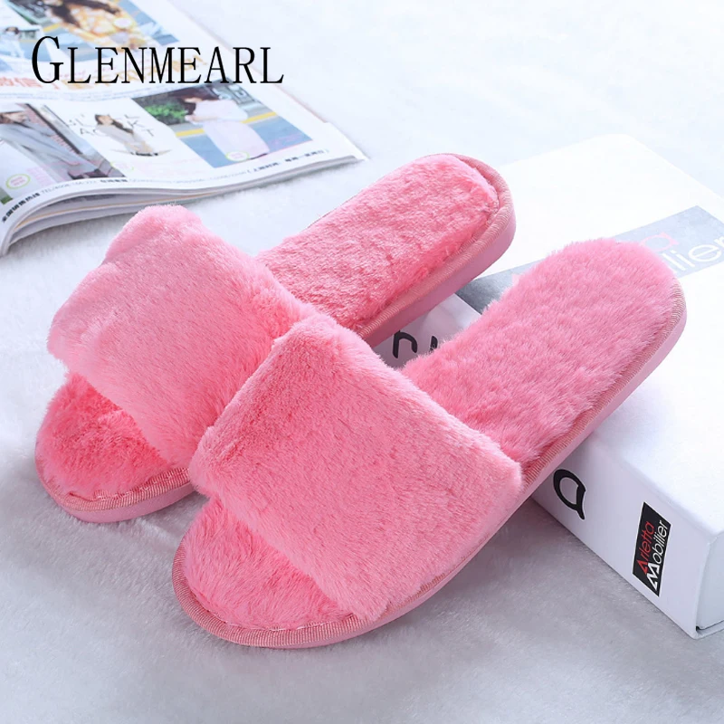 Women Slippers Winter Shoes Flat Sweet Home Slippers Woman Indoor Shoes With Fur Warm Soft Slip On Black Pink Female Slipper DE millffy 2018 new summer sweet ladies shoes pink girl home slippers cotton indoor slip on knot stripe slippers