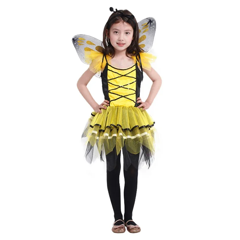 3 предмета, детское платье с божьей коровкой для девочек, костюм для косплея на Хеллоуин с повязкой на голову - Цвет: yellow 2