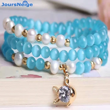 

Wholesale Blue Natural Cat Eye Stone Bracelets 6mm Beads With Pearls For Women Girl Original Design Crystal Hand string Jewelry