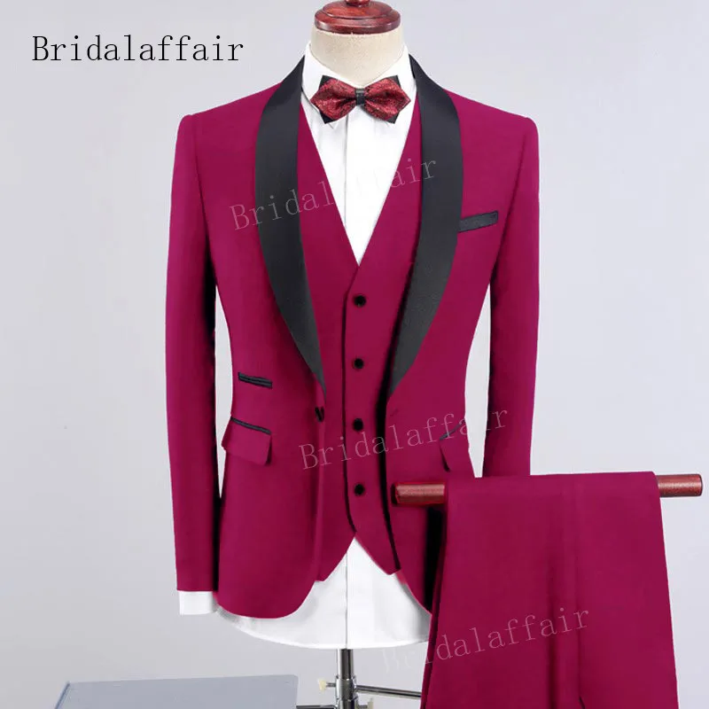Bridalaffair темно-синий мужской смокинг Slim Fit мужской костюм набор 3 шт. мужские официальные костюмы жених свадебные костюмы набор(Блейзер+ брюки+ жилет - Цвет: Фуксия
