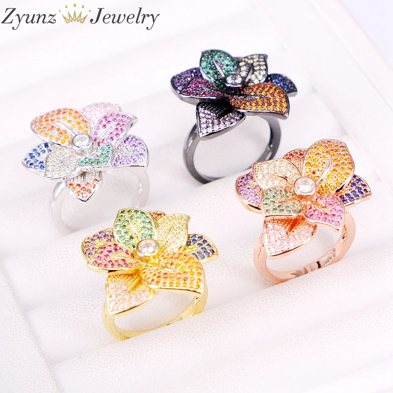 

5PCS, Fashion Crystal Open Adjusted Colorful Zirconia Flower Rings Micro Pave CZ Engagement Fashion Rainbow Jewelry Rings
