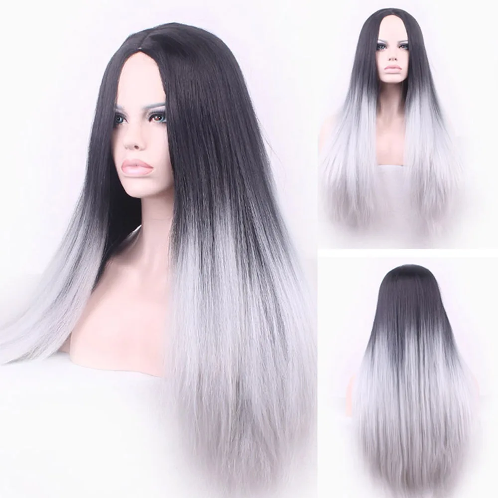 26" Ombre Grey Wigs Women's Synthetic Wig Long Straight Hair Ombre Wigs